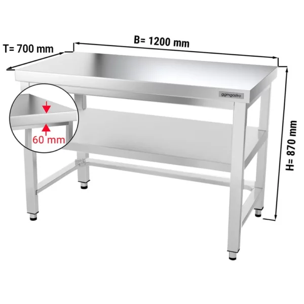 Nerezový pracovní stůl PREMIUM - 1200x700mm - s podnoží a výztuhou