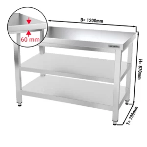 Nerezový pracovní stůl PREMIUM - 1200x700mm - se základní policí a mezipoličkou