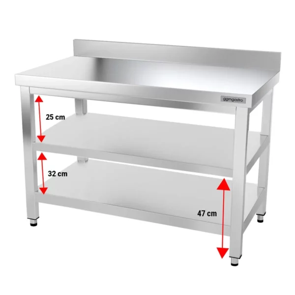 Pracovní stůl PREMIUM z nerezové oceli - 1,2 m - se spodní policí & obkladovým panelem - Image 5