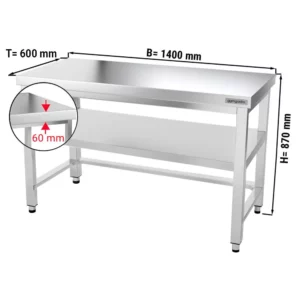 Nerezový pracovní stůl PREMIUM - 1400x600mm - s podnoží a výztuhou