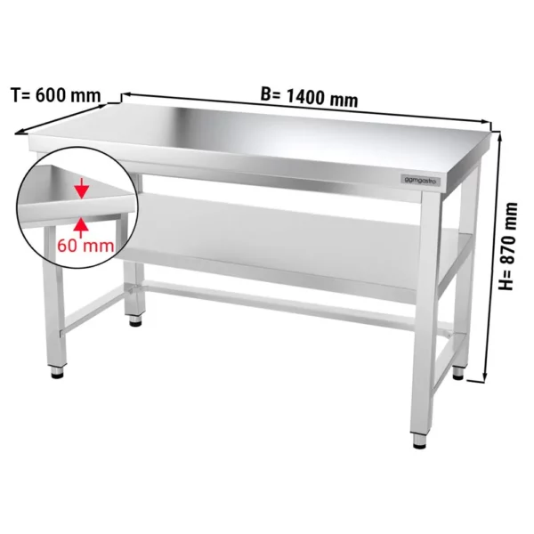 Nerezový pracovní stůl PREMIUM - 1400x600mm - s podnoží a výztuhou