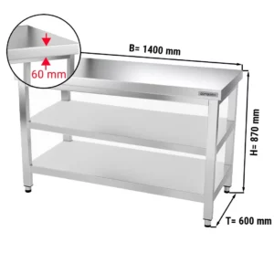 Nerezový pracovní stůl PREMIUM - 1400x600mm - se základní policí a mezipoličkou