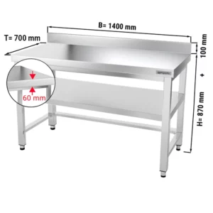Nerezový pracovní stůl PREMIUM - 1400x700mm - s podnoží, podpěrou a výztuhou