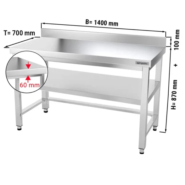 Nerezový pracovní stůl PREMIUM - 1400x700mm - s podnoží, podpěrou a výztuhou