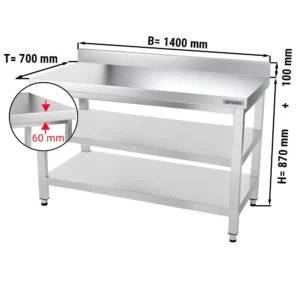 Nerezový pracovní stůl PREMIUM - 1400x700mm - se základní policí, podstavcem a mezipoličkou