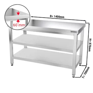 Nerezový pracovní stůl PREMIUM - 1400x700mm - se základní policí a mezipoličkou