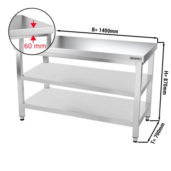 Nerezový pracovní stůl PREMIUM - 1400x700mm - se základní policí a mezipoličkou