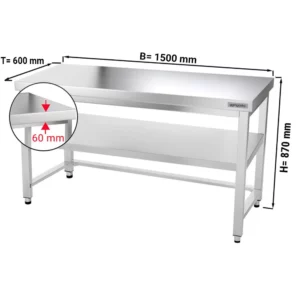 Nerezový pracovní stůl PREMIUM - 1500x600mm - s podnoží a výztuhou