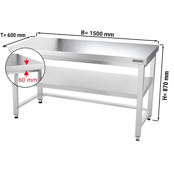 Nerezový pracovní stůl PREMIUM - 1500x600mm - s podnoží a výztuhou