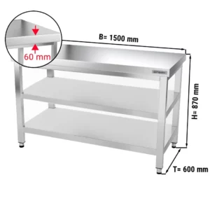 Nerezový pracovní stůl PREMIUM - 1500x600mm - se základní policí a mezipoličkou