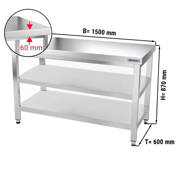 Nerezový pracovní stůl PREMIUM - 1500x600mm - se základní policí a mezipoličkou