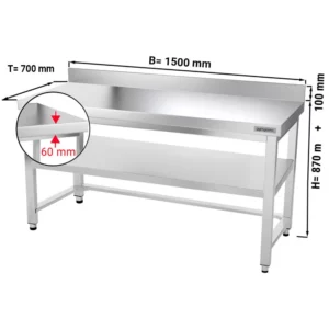 Nerezový pracovní stůl PREMIUM - 1500x700mm - s podnoží, podpěrou a výztuhou