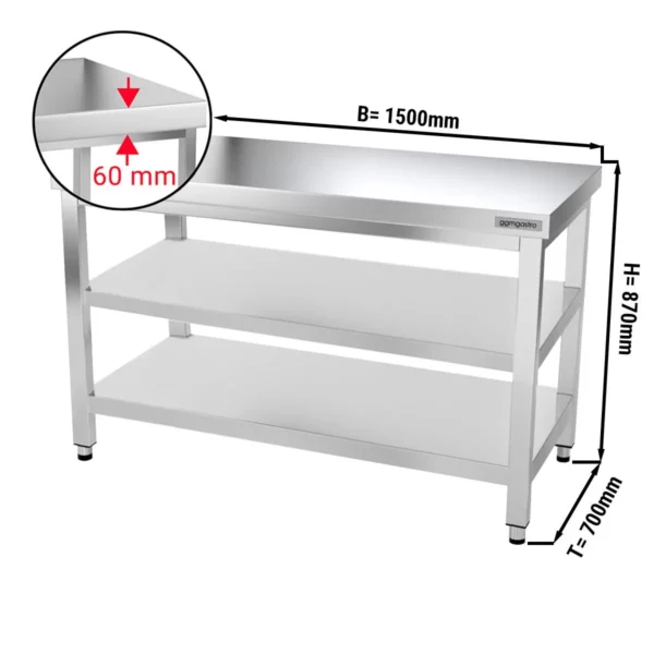 Nerezový pracovní stůl PREMIUM - 1500x700mm - se základní policí a mezipoličkou