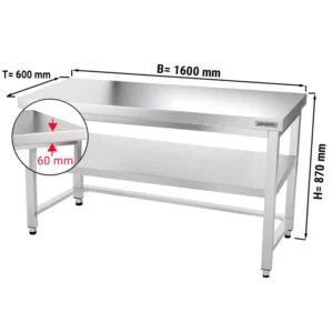 Nerezový pracovní stůl PREMIUM - 1600x600mm - s podnoží a výztuhou