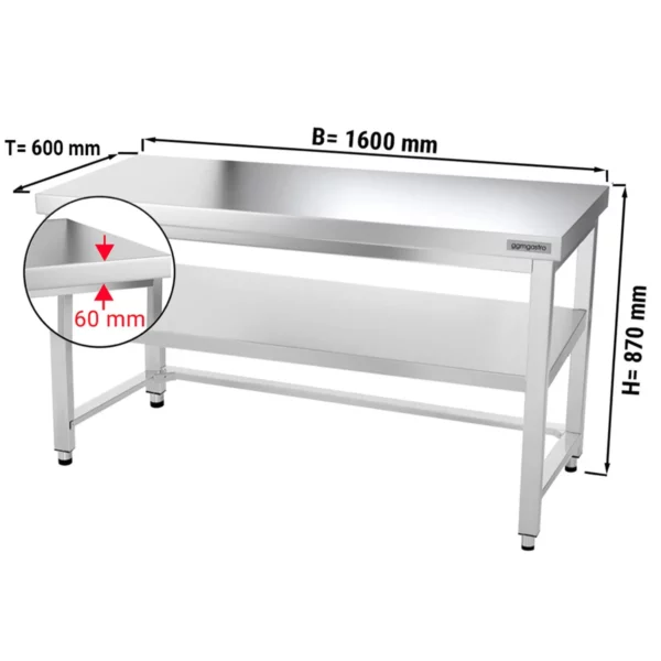 Nerezový pracovní stůl PREMIUM - 1600x600mm - s podnoží a výztuhou