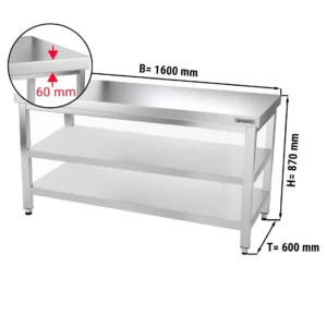 Nerezový pracovní stůl PREMIUM - 1600x600mm - se základní policí a mezipoličkou