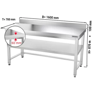 Nerezový pracovní stůl PREMIUM - 1600x700mm - s podnoží, podpěrou a výztuhou
