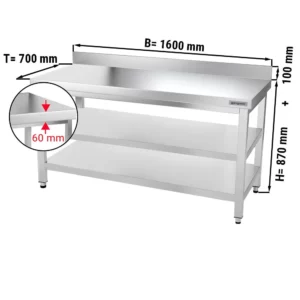 Nerezový pracovní stůl PREMIUM - 1600 x 700 mm - se základní policí, stojanem a mezipoličkou