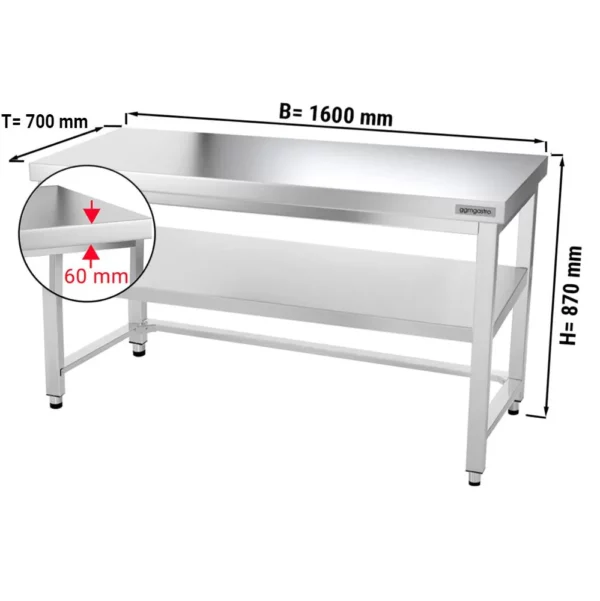 Nerezový pracovní stůl PREMIUM - 1500x700mm - s podnoží a výztuhou