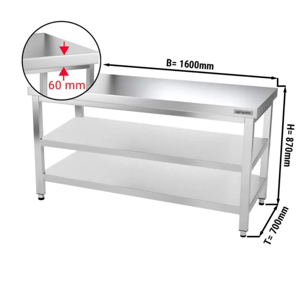 Nerezový pracovní stůl PREMIUM - 1600x700mm - se základní policí a mezipoličkou