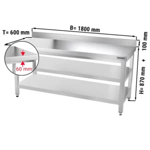 Nerezový pracovní stůl PREMIUM - 1800x600mm - se základní policí, podstavcem a mezipoličkou
