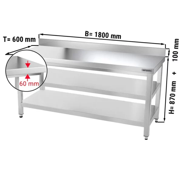 Nerezový pracovní stůl PREMIUM - 1800x600mm - se základní policí, podstavcem a mezipoličkou
