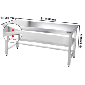 Nerezový pracovní stůl PREMIUM - 1800x600mm - s podnoží a výztuhou