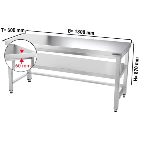 Nerezový pracovní stůl PREMIUM - 1800x600mm - s podnoží a výztuhou