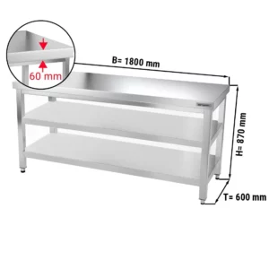 Nerezový pracovní stůl PREMIUM - 1800x600mm - se základní policí a mezipoličkou