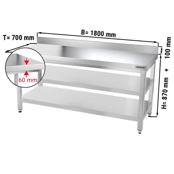 Nerezový pracovní stůl PREMIUM - 1800x700mm - se základní policí, podstavcem a mezipoličkou