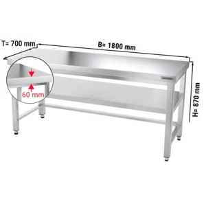 Nerezový pracovní stůl PREMIUM - 1800x700mm - s podnoží a výztuhou