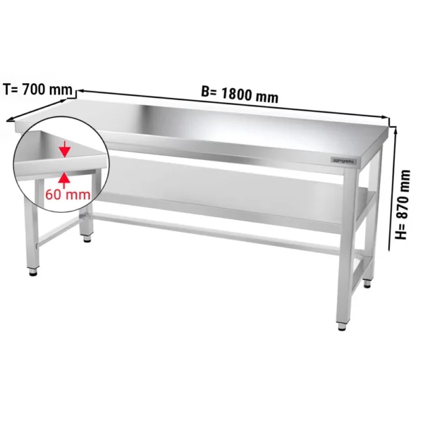 Nerezový pracovní stůl PREMIUM - 1800x700mm - s podnoží a výztuhou