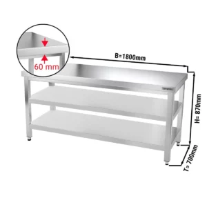 Nerezový pracovní stůl PREMIUM - 1800x700mm - se základní policí a mezipoličkou