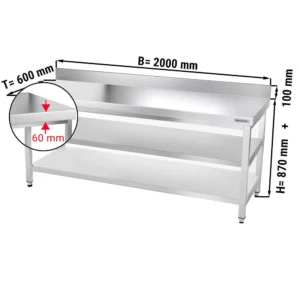 Nerezový pracovní stůl PREMIUM - 2000 x 600 mm - se základní policí, stojanem a mezipolí