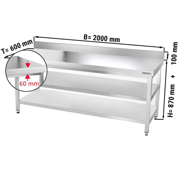 Nerezový pracovní stůl PREMIUM - 2000 x 600 mm - se základní policí, stojanem a mezipolí