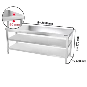 Nerezový pracovní stůl PREMIUM - 2000x600mm - se základní policí a mezipoličkou