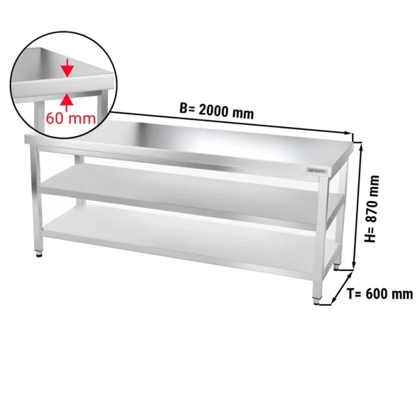 Nerezový pracovní stůl PREMIUM - 2000x600mm - se základní policí a mezipoličkou
