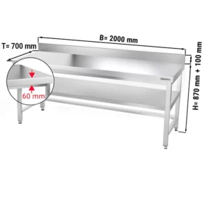 Nerezový pracovní stůl PREMIUM - 2000x700mm - s podnoží, podpěrou a výztuhou