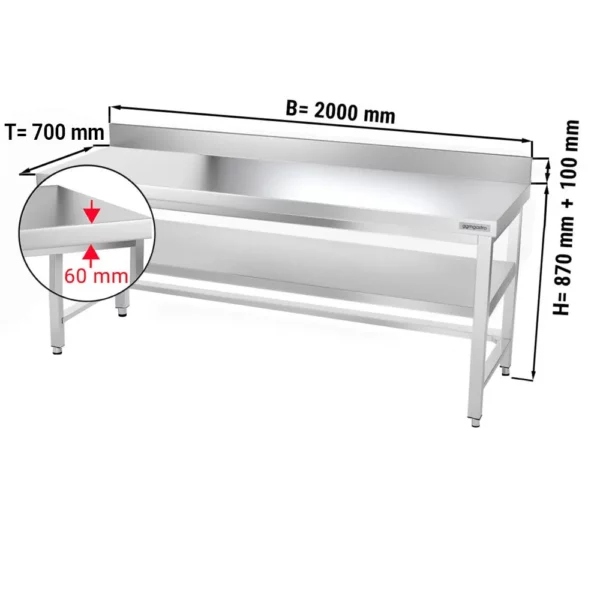 Nerezový pracovní stůl PREMIUM - 2000x700mm - s podnoží, podpěrou a výztuhou