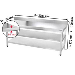 Nerezový pracovní stůl PREMIUM - 2000x700mm - se základní policí, podstavcem a mezipoličkou