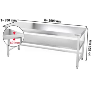 Nerezový pracovní stůl PREMIUM - 2000x700mm - s podnoží a výztuhou