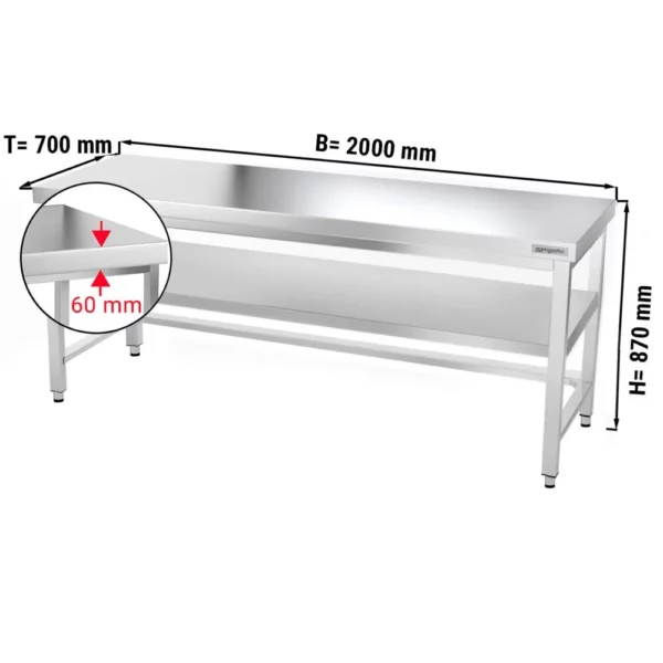 Nerezový pracovní stůl PREMIUM - 2000x700mm - s podnoží a výztuhou