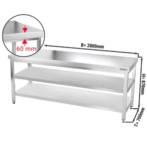 Nerezový pracovní stůl PREMIUM - 2000x700mm - se základní policí a mezipoličkou