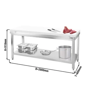 Nerezový pracovní stůl PREMIUM - 2000x800mm - s podložkou bez zadního lemu vč. řezná deska