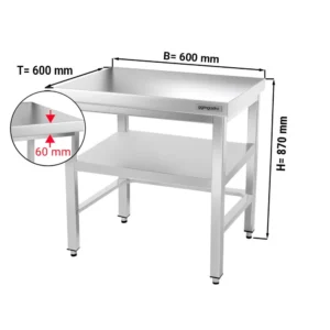 Nerezový pracovní stůl PREMIUM - 600x600mm - s podnoží a výztuhou