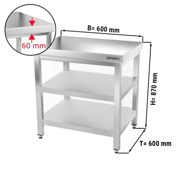 Nerezový pracovní stůl PREMIUM - 600x600mm - se základní policí a mezipoličkou