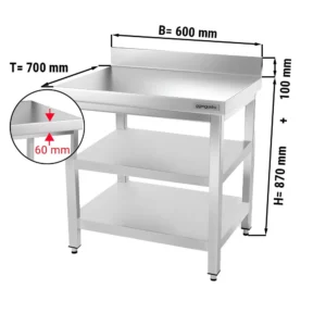 Nerezový pracovní stůl PREMIUM - 600x700mm - se základní policí, podstavcem a mezipoličkou