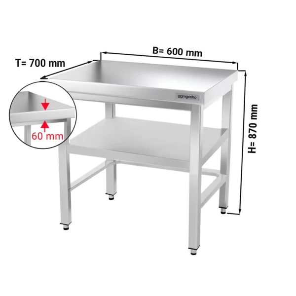 Nerezový pracovní stůl PREMIUM - 600x700mm - s podnoží a výztuhou