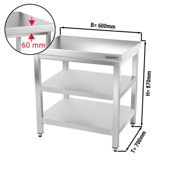 Nerezový pracovní stůl PREMIUM - 600x700mm - se základní policí a mezipoličkou - Image 6