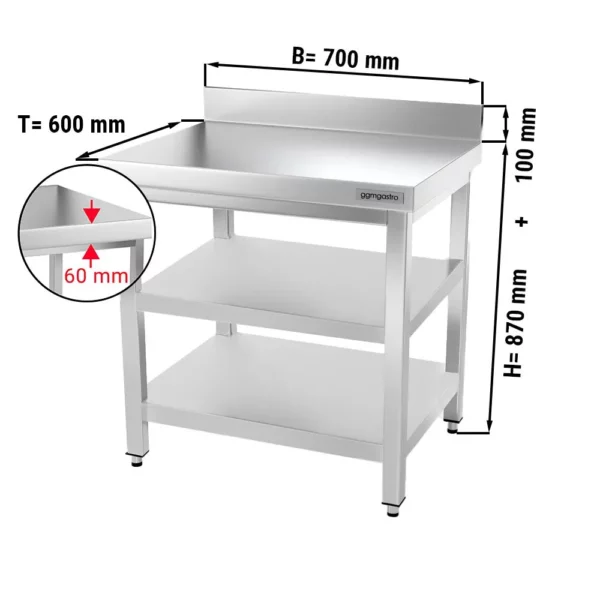 Nerezový pracovní stůl PREMIUM - 700 x 600 mm - se základní policí, stojanem a mezipoličkou